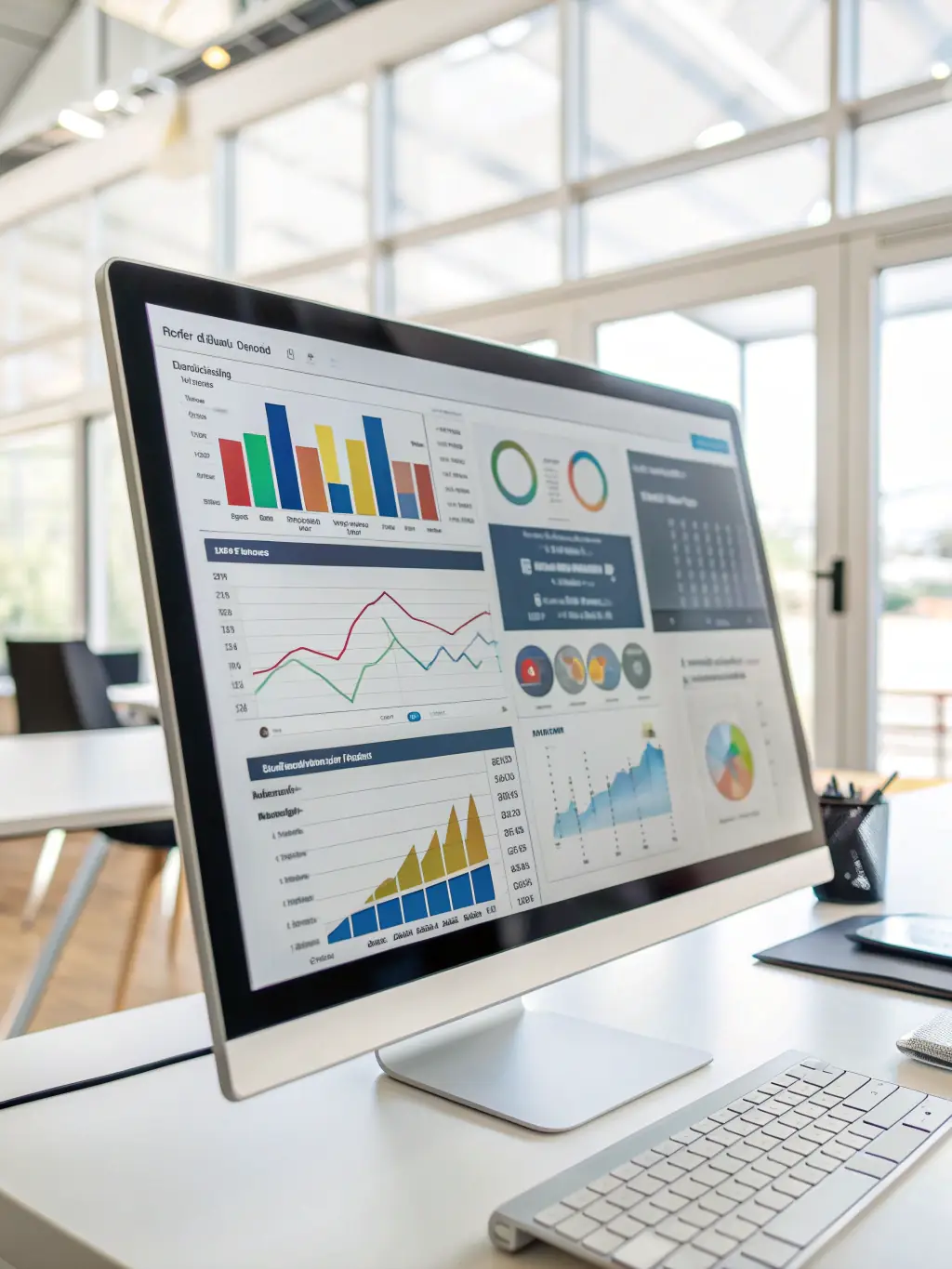 Graphical representation of data analytics with charts and trend lines on a computer screen, used to showcase Ali Global Solutions' Advanced Analytics.