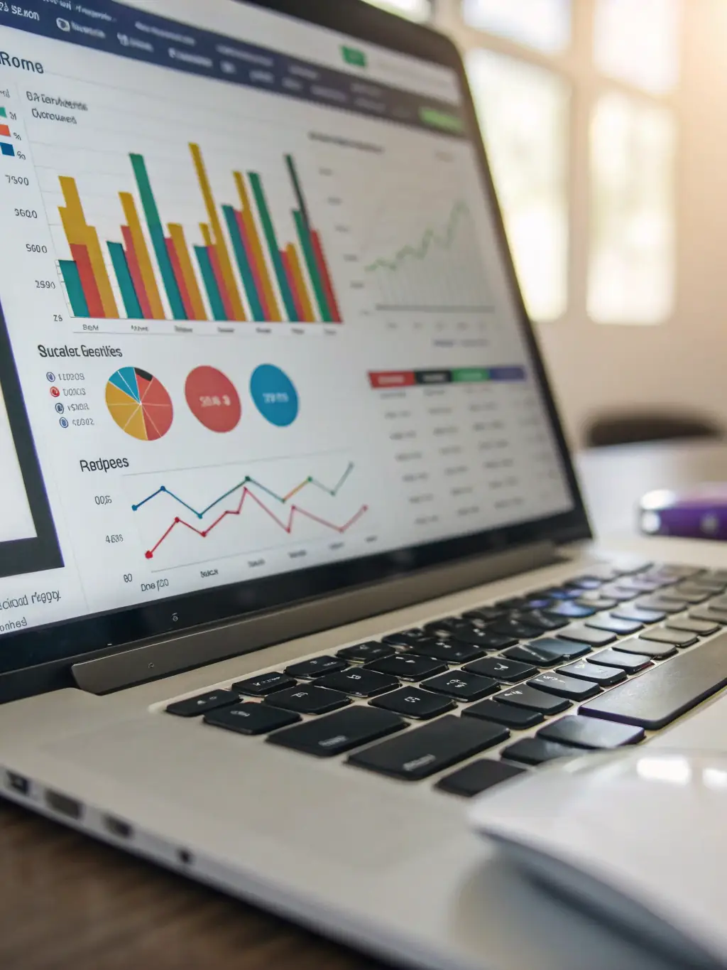 Graphical representation of data analytics with charts and trend lines on a computer screen, showcasing insights and opportunities.